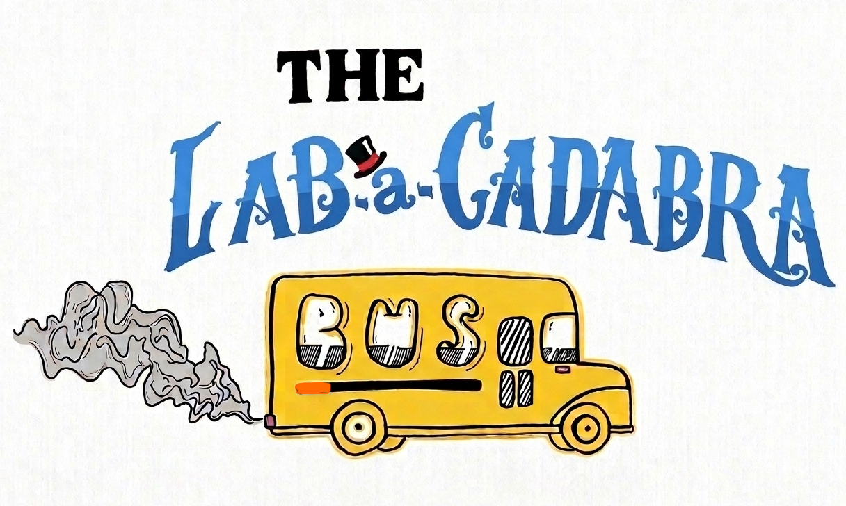 The illustrated yellow Lab-a-cadabra Bus with a magical smoke trail.