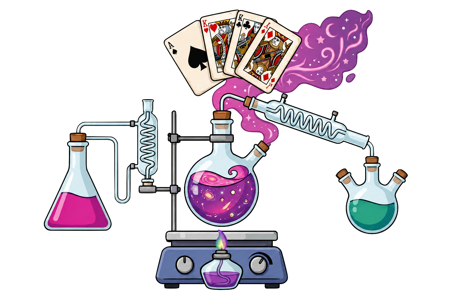 Galaxy-colored science apparatus, playing cards, potions, and magical light from the Lab-a-cadabra Bus.