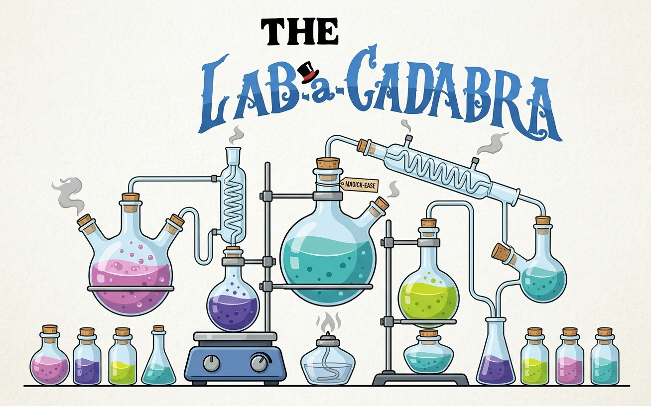 Lab-a-cadabra artwork showing colorful connected flasks and bubbling science experiments.
