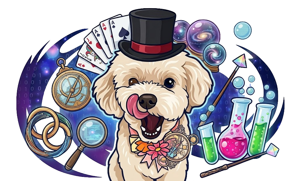Lab-a-cadabra artwork featuring a cheerful magician dog surrounded by cards, potions, planets, and science tools.