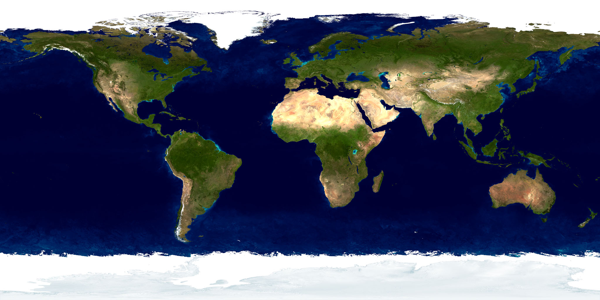 NASA Blue Marble world map showing Earth's continents and oceans.