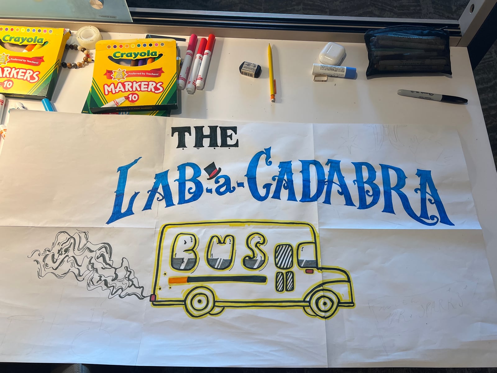 Hand-drawn Lab-a-cadabra Bus artwork created during the project rebrand.