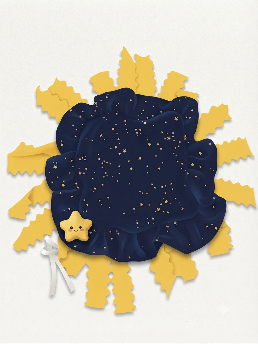 A navy blue Cosmic Cloth decorated with tiny gold stars and surrounded by bright yellow rays.
