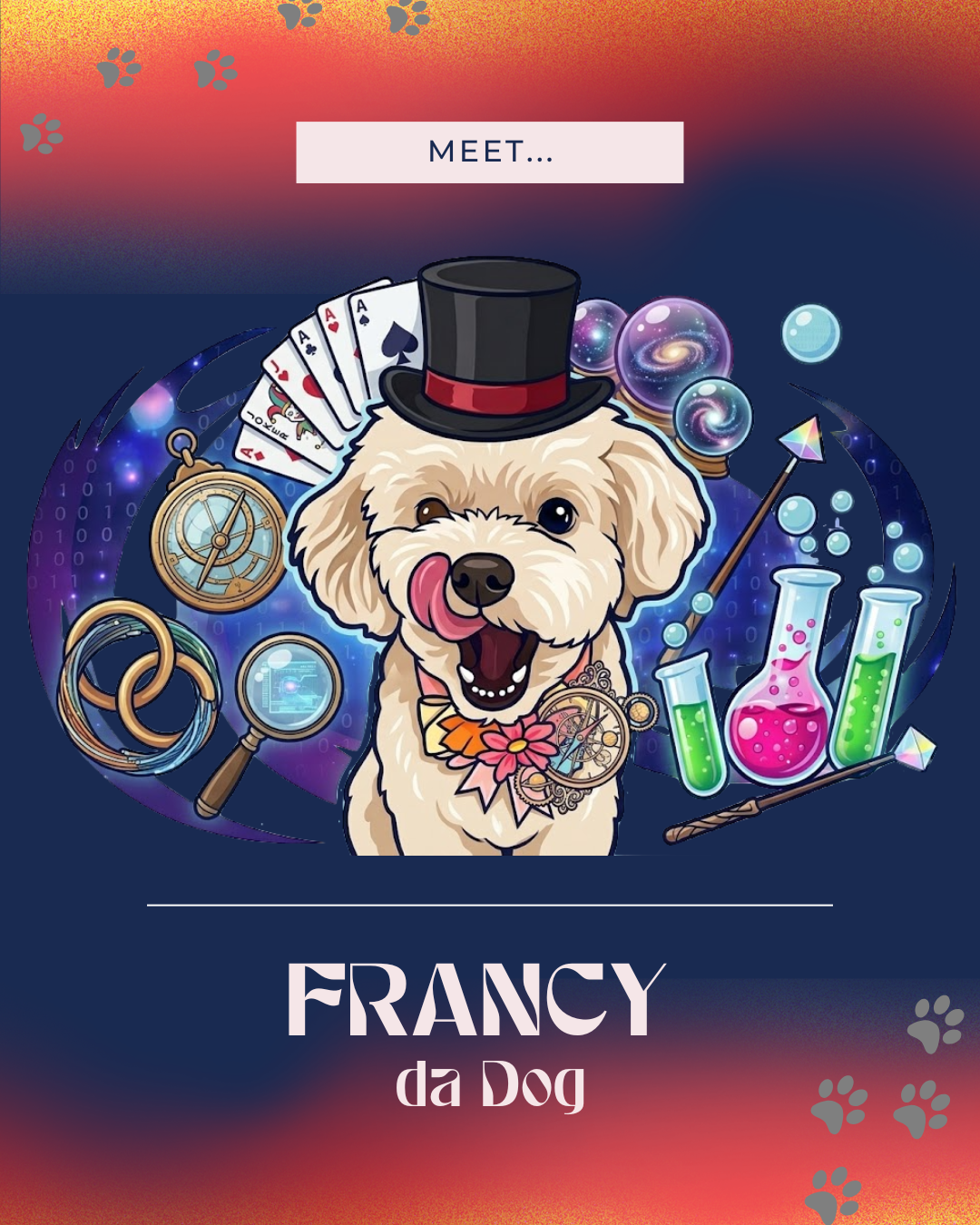 Francy da Dog wearing a magician’s hat, surrounded by colorful science tools and magical objects.